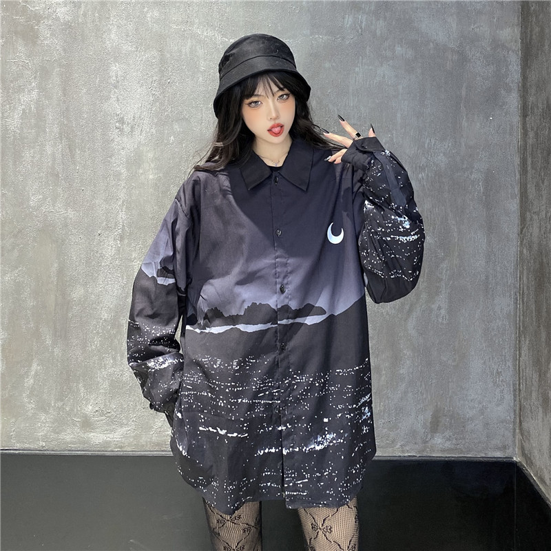 Real shot new Harajuku style dark series ins super fire night color printing long sleeve shirt fashion