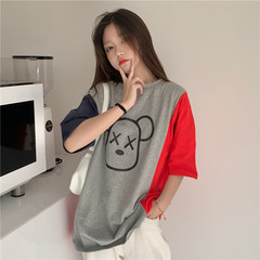 Real shot medium length short sleeve t-shirt female 2021 summer new loose style foreign style contrast half sleeve top