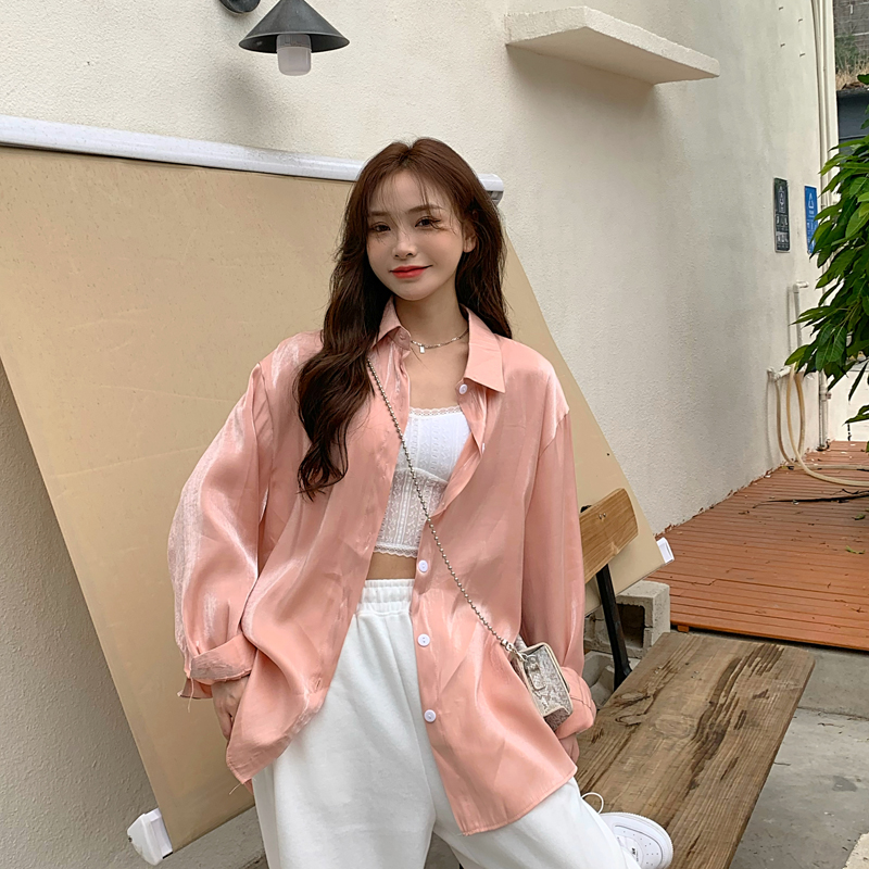 實拍 人魚姬粉色襯衫外套女設計感復古上衣2021新款長袖襯衣