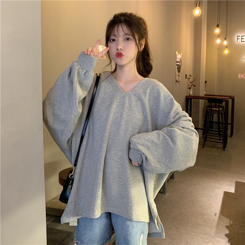 Real shot hooded split sweater women loose Korean thin collar long sleeve top net red spring fashion