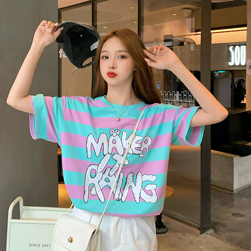 實拍 2021夏季新款寬鬆條紋短袖t恤女