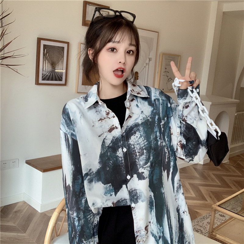 Real shot New Retro ink tie dyed long sleeve shirt student shirt men's and women's fashion