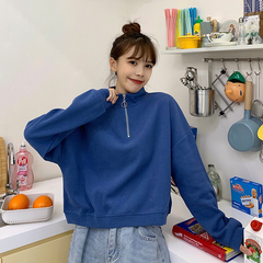 Real shot of spring and autumn loose short half high collar zipper sweater woman