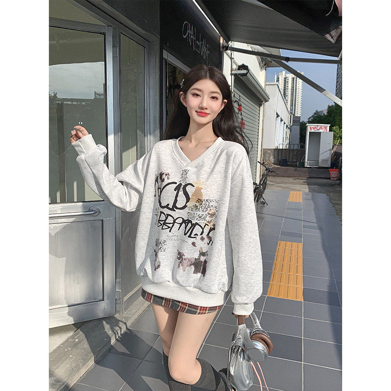 秋装V领宽松中长款印花小狗卫衣女时尚高级感百搭休闲长袖上衣
