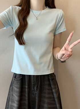 通勤风短袖T恤女圆领修身显瘦百搭洋气气质上衣短款