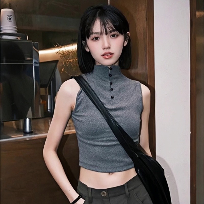 甜辣妹少女半高领无袖T恤夏天修身短款小衫别致独特打底学生上衣 - 实物图