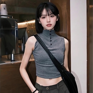 甜辣妹少女半高领无袖T恤夏天修身短款小衫别致独特打底学生上衣