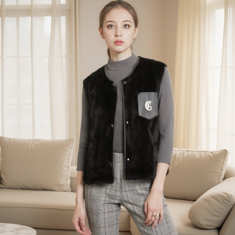 貂皮大衣女款2024冬新款短款圆领整貂水貂毛宽松背心马甲皮草外套
