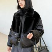 新品 进口水貂毛领鹅绒服夹克羊毛皮草加厚保暖真丝羽绒短款 外套