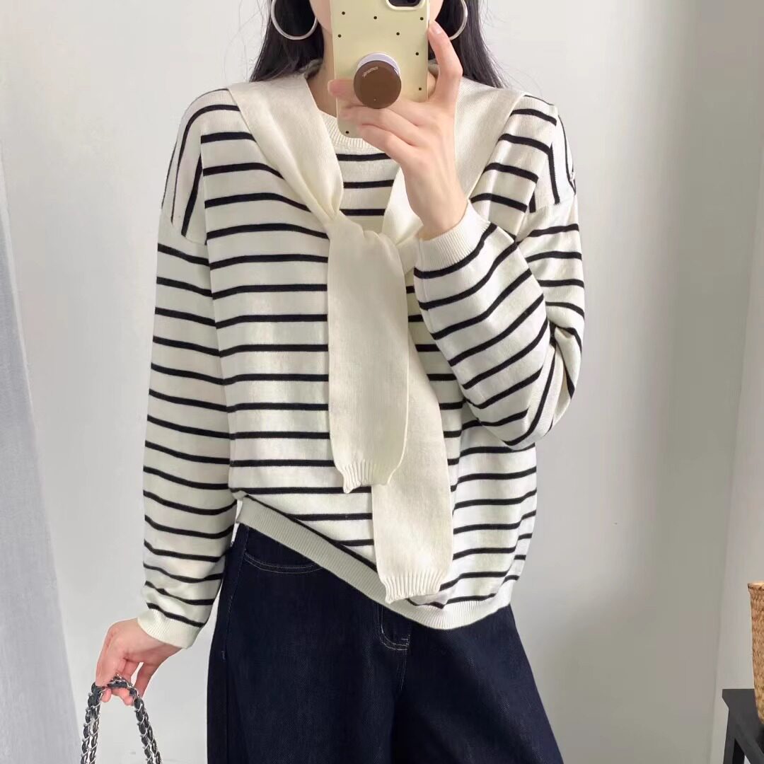 韩系小众设计感条纹披肩两件套针织衫女春秋薄款显瘦长袖绑带上衣