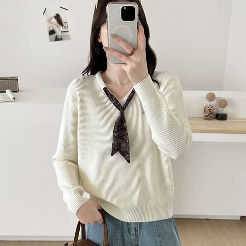 V领丝巾飘带针织衫女长袖毛衣
