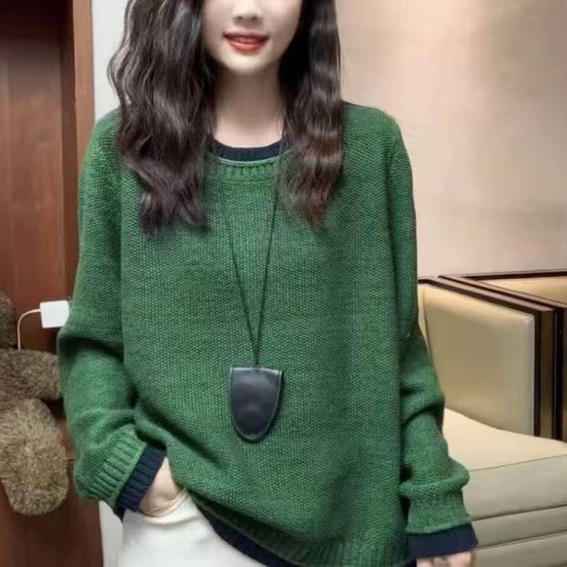 复古风撞色假两件圆领针织衫女宽松套头毛衣高级感上衣新款春装素