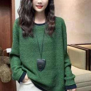复古风撞色假两件圆领针织衫女宽松套头毛衣高级感上衣新款春装素