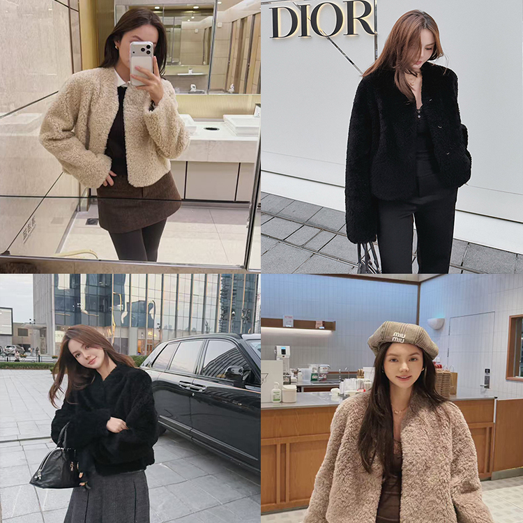 汤元家sd 全羊毛/短款皮毛一体外套女秋冬新款时尚百搭毛毛上衣