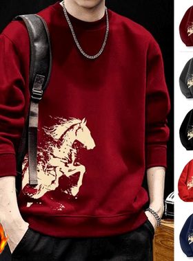 马年红色圆领修身卫衣男女款2026款本命年上衣服秋冬加绒宽松外套