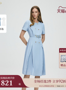 Scofield女装收腰褶边连衣裙双排扣气质圆领工装裙夏季裙子