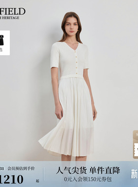 Scofield女装轻法式V领拼接百褶连衣裙含桑蚕丝
