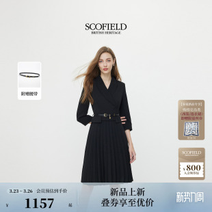 新品 翻领连衣裙百褶中长裙2026春季 轻商务干练西装 Scofield女装