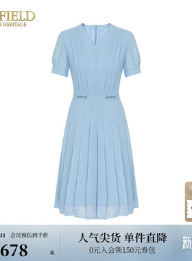 Scofield通勤V领纯色气质褶皱收腰百褶连衣裙女装夏季裙子