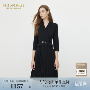Scofield女装 裙黑色百褶优雅气质纯色连衣裙 假两件西装