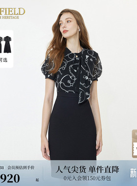 Scofield创意飘带泡泡袖高腰假两件连衣裙女装夏季裙子