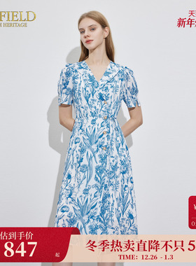 Scofield女装通勤水墨画风印花连衣裙蓝色收腰长裙夏季裙子