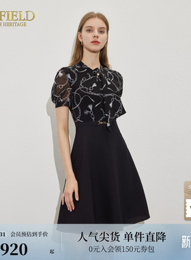 Scofield女装飘带领自然飘逸拼接撞色印花连衣裙夏季裙子