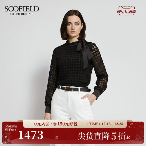 Scofield女装气质飘带千鸟格衬衫