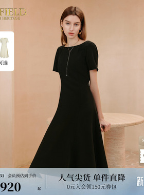 Scofield女装立体波浪裙摆小黑裙简约短袖连衣裙夏季裙子