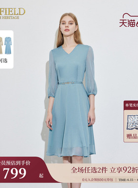 Scofield女装V领收腰通勤连衣裙蓝色仙女裙夏季裙子
