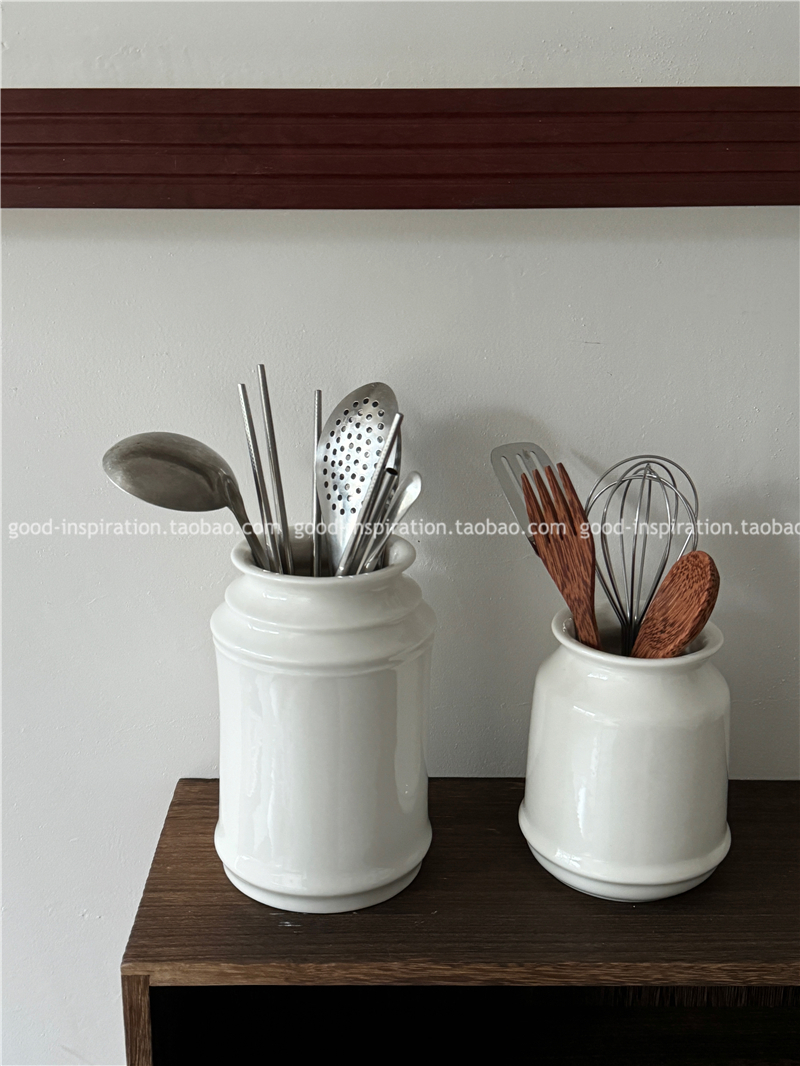 日式简约陶瓷厨房收纳罐 白色餐具筷子笼化妆刷笔筒花瓶花器可水