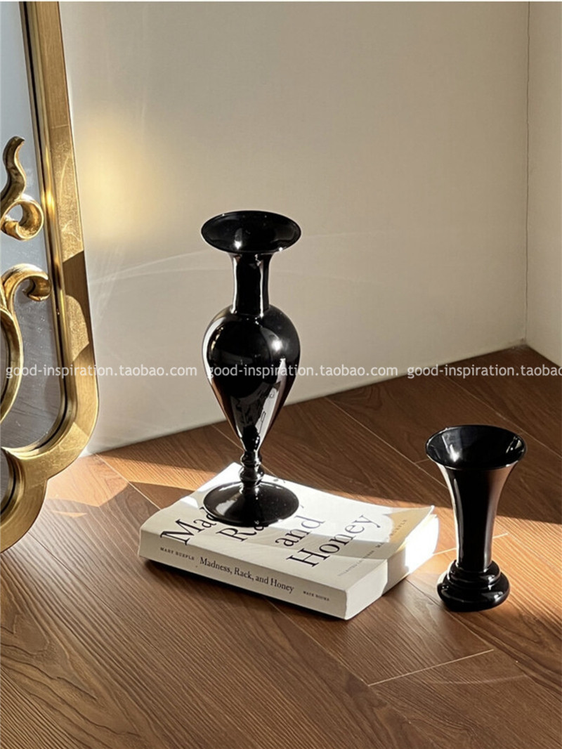 레트로 프렌치 블랙 유리 꽃병 장식품 물 성장 꽃꽂이 장치 홈 인테리어 스타일의 부드러운 장식 하이 엔드 감각