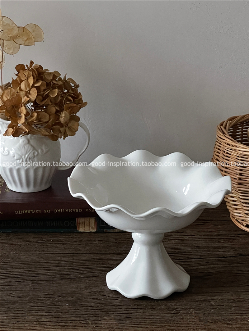法式波浪裙边高脚碗果盘装饰摆件