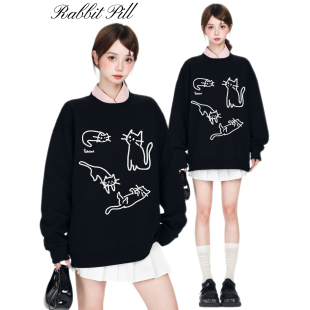 休闲 兔丸猫咪印花圆领重磅卫衣男女情侣加绒圆领套头潮牌秋冬美式