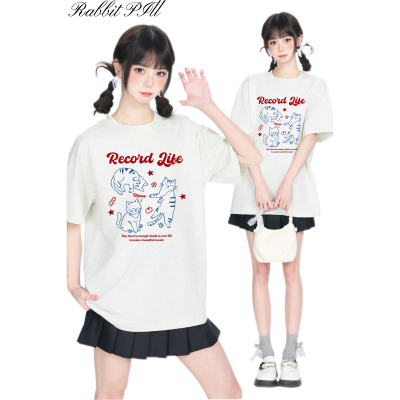 古屋兔丸极简风线条小猫原创印花230g纯棉宽松百搭学院风短袖T恤