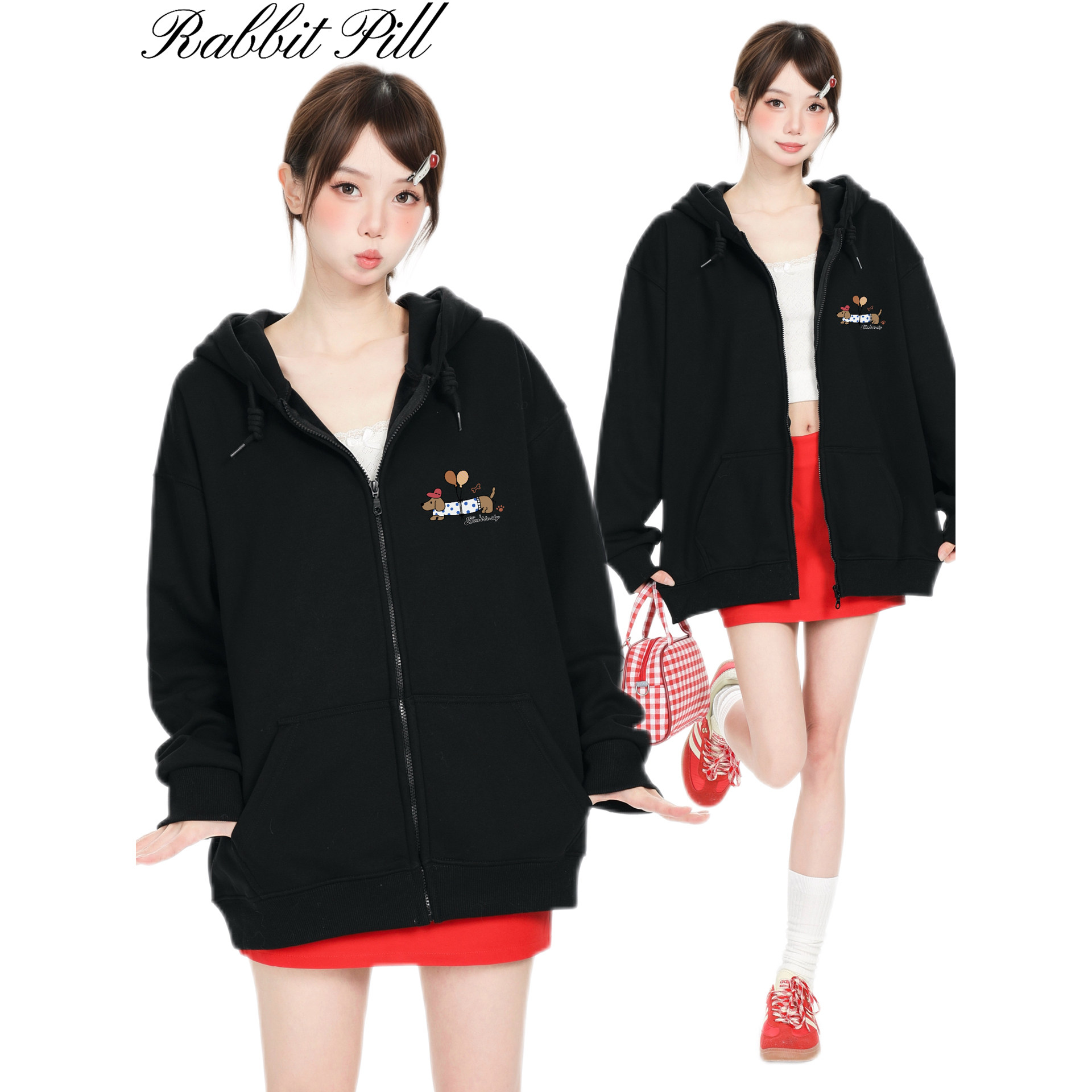 兔丸腊肠狗印花潮牌重磅拉链加绒卫衣男女美式休闲上衣情侣连帽冬