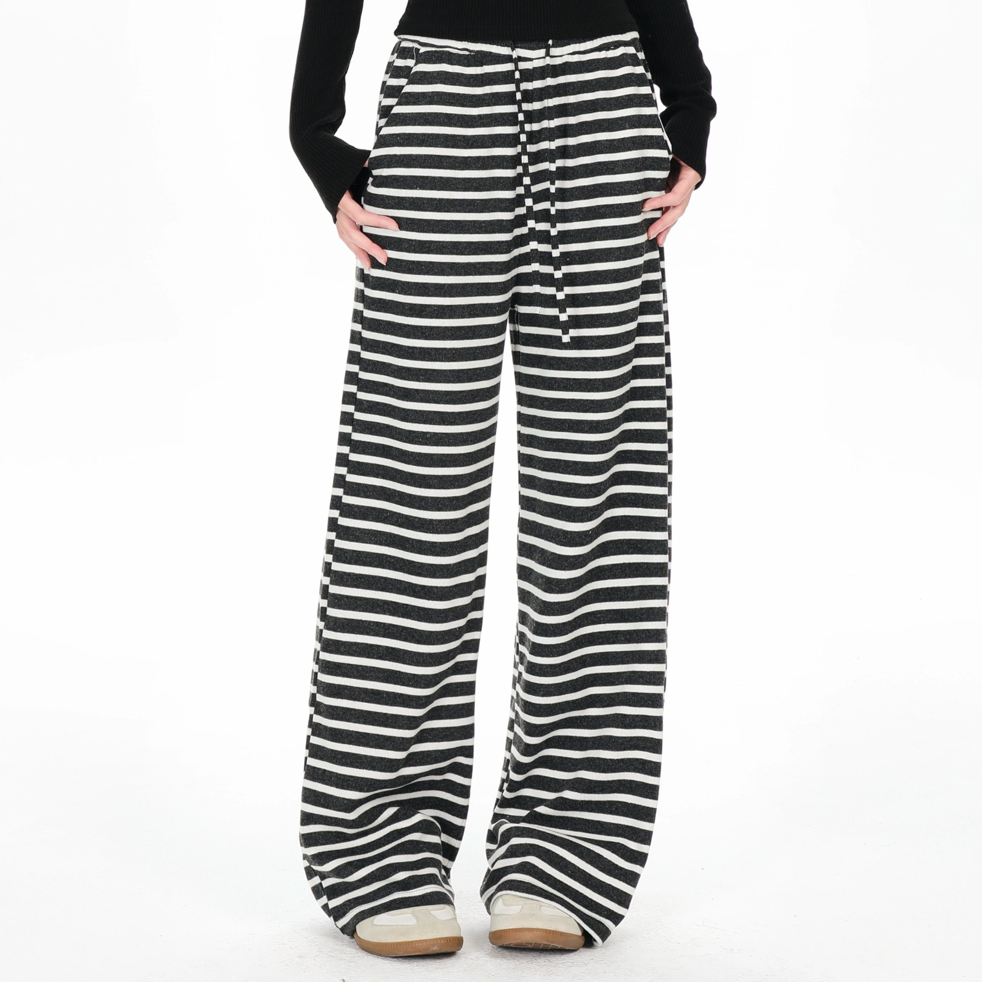 兔丸条纹高腰松紧宽松直筒慵懒舒适秋冬季加绒新款设计长裤拖地裤