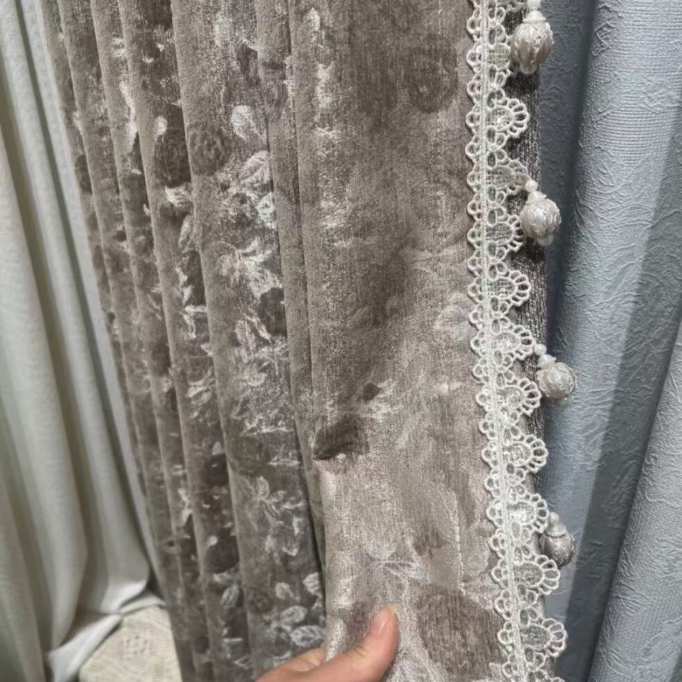 新款窗帘立边吊球莫奈玫瑰法式同款蕾丝珍珠花边轻奢款