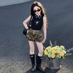 美式辣妹风无袖背心迷彩短裤女童夏季运动休闲套装2件套街头风潮