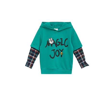 moomoo童装男童连帽卫衣秋新款中童字母洋气拼接假两件卫衣