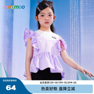 女童衬衫 新款 moomoo童装 夏季 上衣 儿童甜美花边拼接小飞袖 衬衫