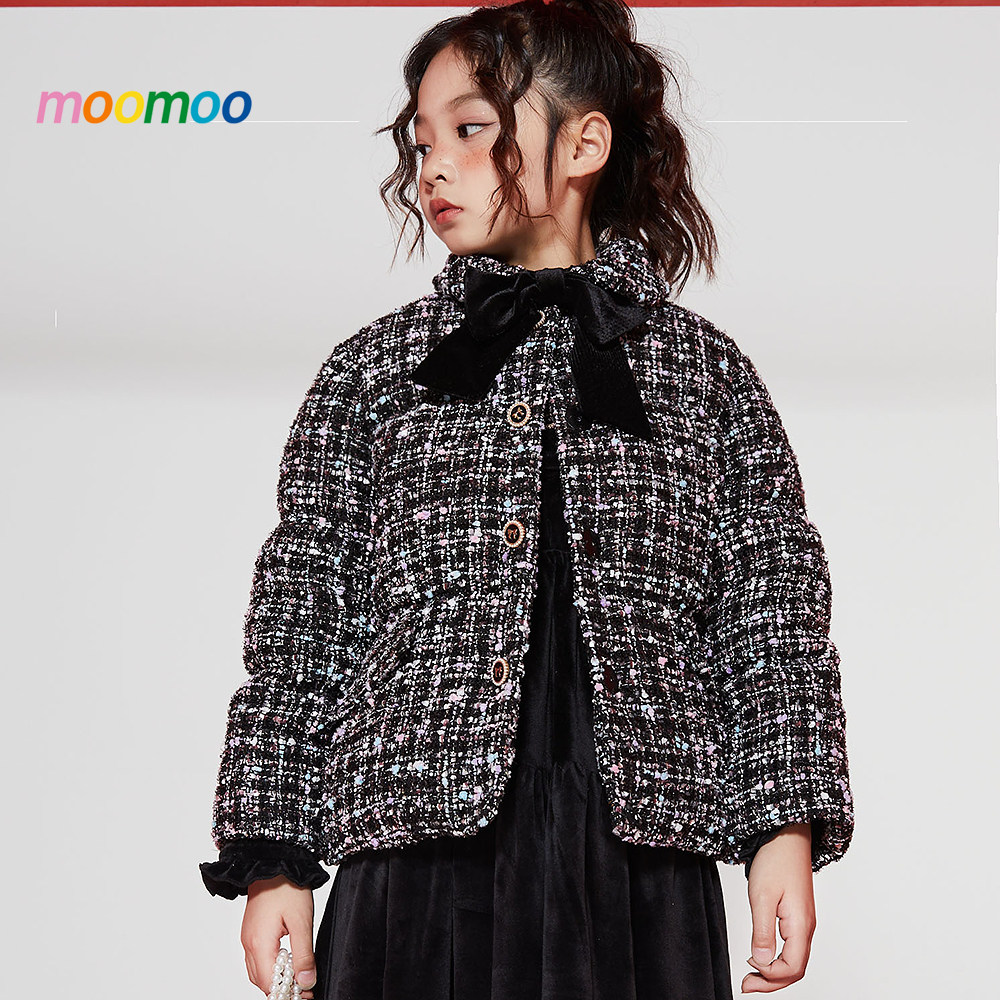 moomoo童装女童精致短款羽绒服小香风花纱鸭绒宽松蝴蝶领结外套冬