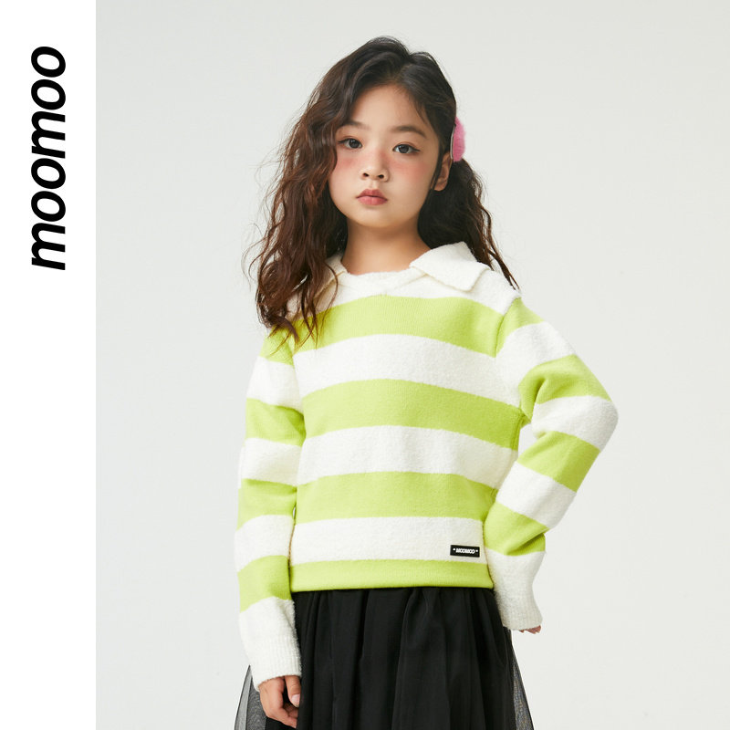 moomoo童装女童条纹翻领毛衣V领清爽靓丽舒适外穿学院风甜酷上