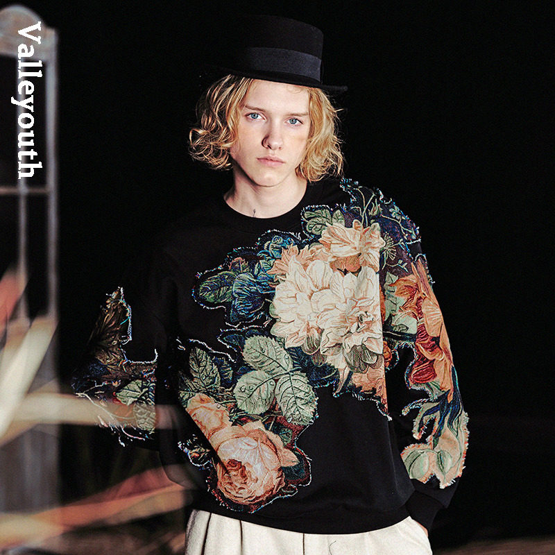 绻花 复古提花油画质感落肩宽松个性潮卫衣 山谷少年原创设计男装