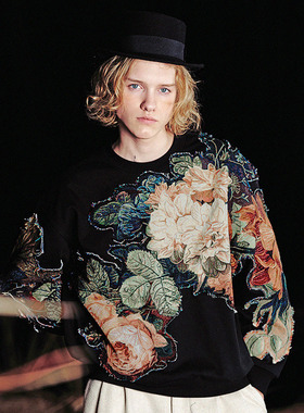 绻花 复古提花油画质感落肩宽松个性潮卫衣 山谷少年原创设计男装