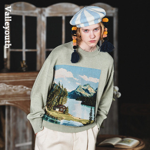 山谷少年原创设计男装 型油画感风景vintage提花毛衣 复古版 湖岛