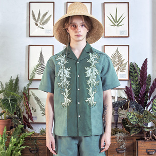 法式 山谷少年原创男装 复古植物刺绣古巴领棉麻薄款 衬衫 短袖 鹿蕨