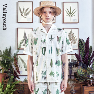 男衬衫 度假风短袖 山谷少年原创 复古植物标本印花古巴领薄款 夏蕨