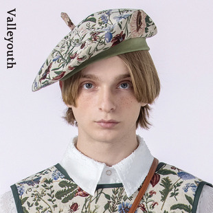 山谷少年小众原创设计 潮流男女贝雷帽 田野 复古花卉提花百搭时尚
