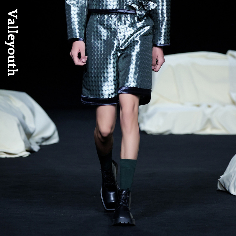 山谷少年复古格纹色织提花短裤